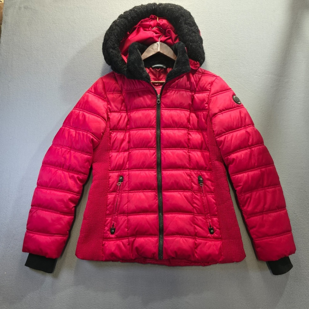 Nautica Women's Red Quilted Puffer Jacket – Faux-Fur Collar Hooded Size Medium